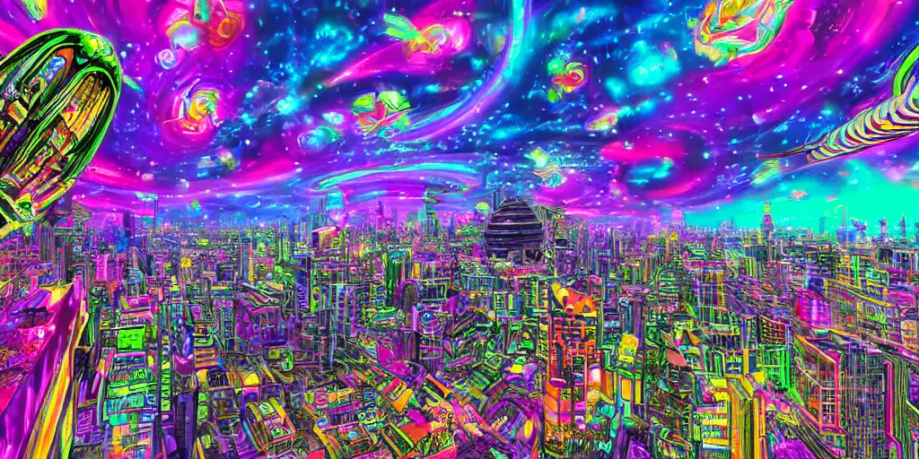 Image similar to psychedelic alien cityscape, photorealistic, hyperrealistic, futuristic, in style of Lisa Frank, cosmic, holographic, 4K, UHD, HDR