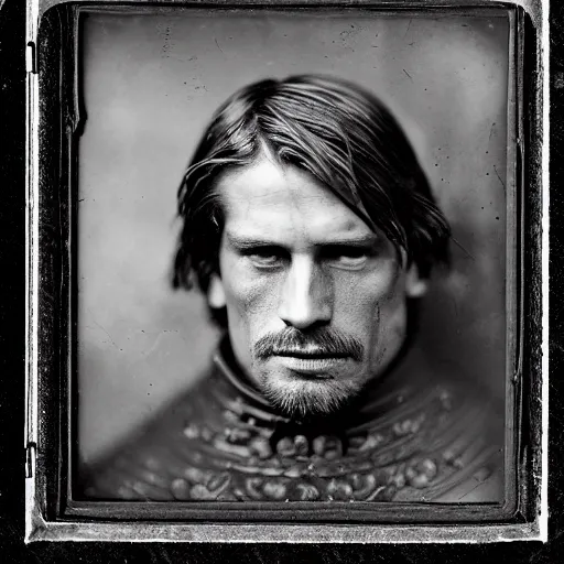 Image similar to tintype photo of jaime lannister, wearing armor, by julia margaret cameron 1 8 8 0 s, realistic, body shot, sharp focus, 8 k high definition, insanely detailed, intricate, elegant