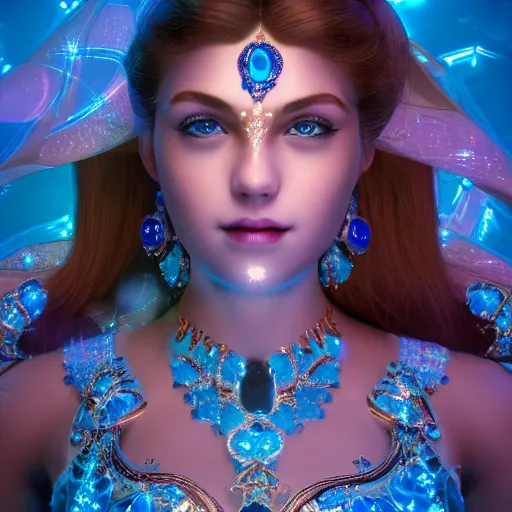 Image similar to photo of wonderful princess of sapphire with fair skin, she has her eyes closed, glowing, ornate and intricate blue jewelry, jaw dropping beauty, glowing background lighting, blue accent lighting, hyper detailed, award winning photography, 4 k octane render