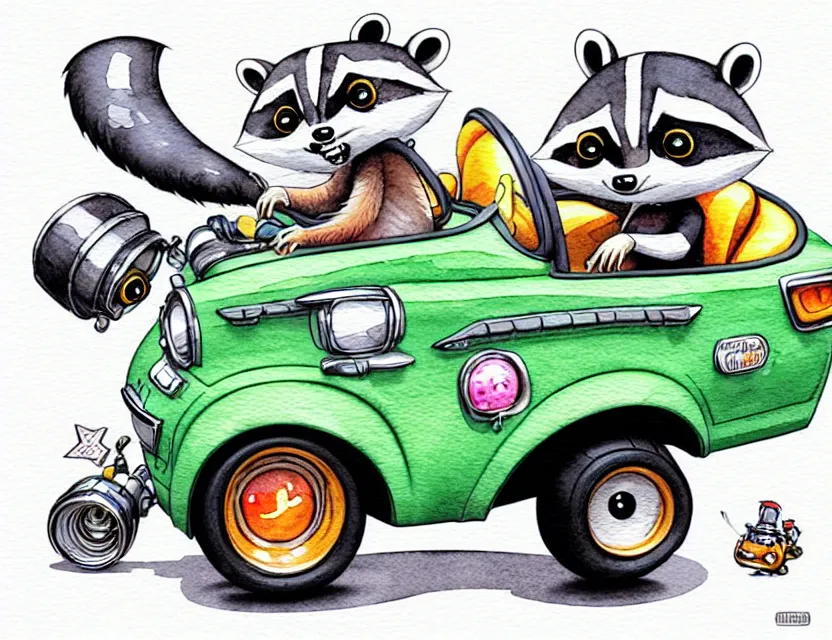 Image similar to cute and funny, racoon riding in a tiny hot rod with oversized engine, ratfink style by ed roth, centered award winning watercolor pen illustration, isometric illustration by chihiro iwasaki, edited by range murata, tiny details by artgerm and watercolor girl, symmetrically isometrically centered