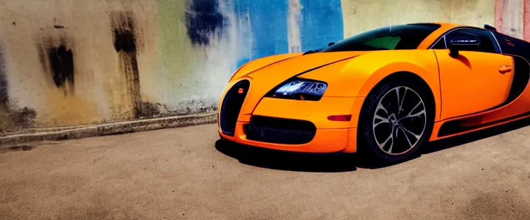 Prompt: orange and black bugatti veyron, driving in South Tangerang, South Jakarta, Indonesia, close up shot, Tilted frame, dutch angle, Deep depth of field, Midday, harsh overhead sunlight, directional sunlight skewed shot, vivid, lively, energetic, colorful, joyful, high quality, trending on artstation,