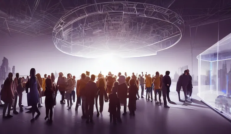 Image similar to crowd of people in simple white museum, looking at hologram of futuristic metropolis on a circular table, cinematic concept art, godrays, golden hour, natural sunlight, 4 k, clear details, tabletop model buildings, center model buildings, hologram center, crane shot, crane shot, crane shot, white walls