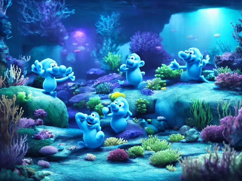 Prompt: underwater smurfs swimming with bioluminescent fishes, photorealistic painting, cgi, low volumetric light, movie still, very cute and cozy and fluffy and sweet