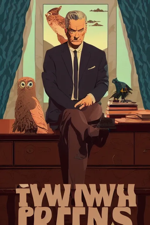 Prompt: Twin Peaks movie poster artwork by Tomer Hanuka Rendering of the Mayor sitting on sitting on desk posing for photo with an giant owl where his head should be, full of details, by Makoto Shinkai and thomas kinkade, Matte painting, trending on artstation and unreal engine