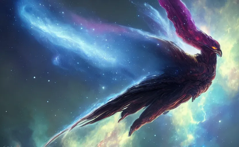 Image similar to a nebula in shape of a pheonix in space, artstation, cgsociety, highly detailed