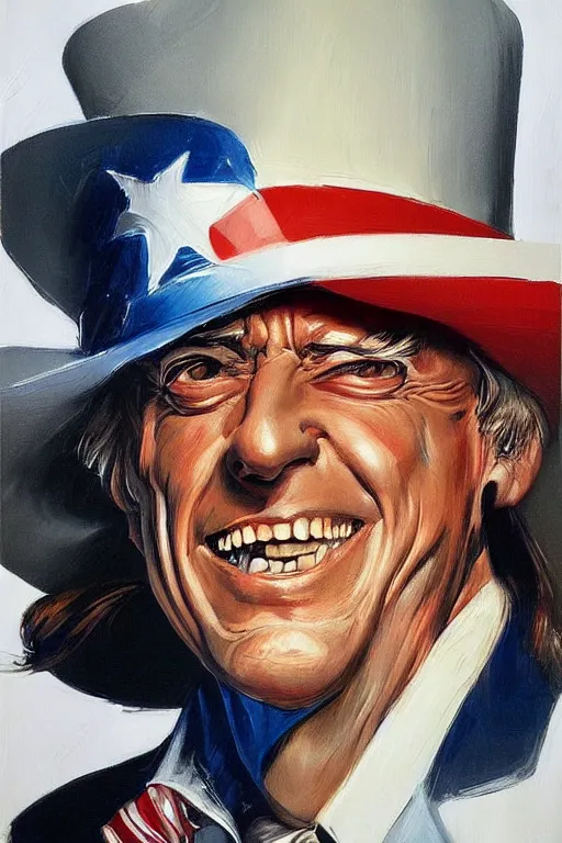 Image similar to expressive exaggerated portait painting of uncle sam, alex ross!!!, phil hale!!!!, visible brush strokes, graphic,'action lines '!!!!, striking, sharp, hd image