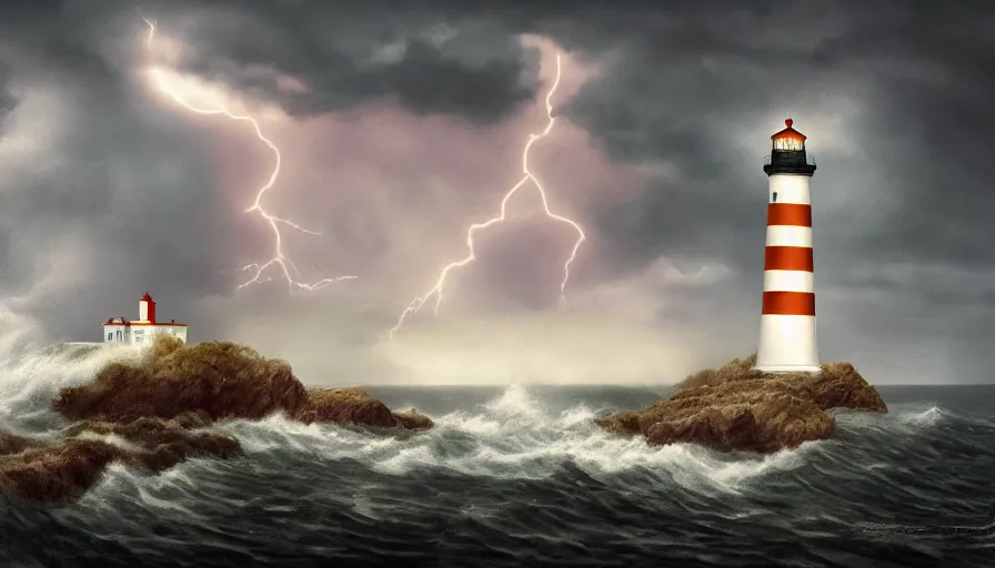 Image similar to a lighthouse being struck by lightning out at sea, digital art, highly detailed, realistic, bright colors, 8 k