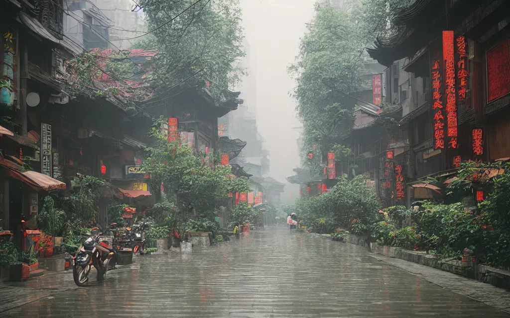 Prompt: rainy spring morning in chengdu, narrow quiet streets, postcard, hasselblad mamiya kodak ektar velvia