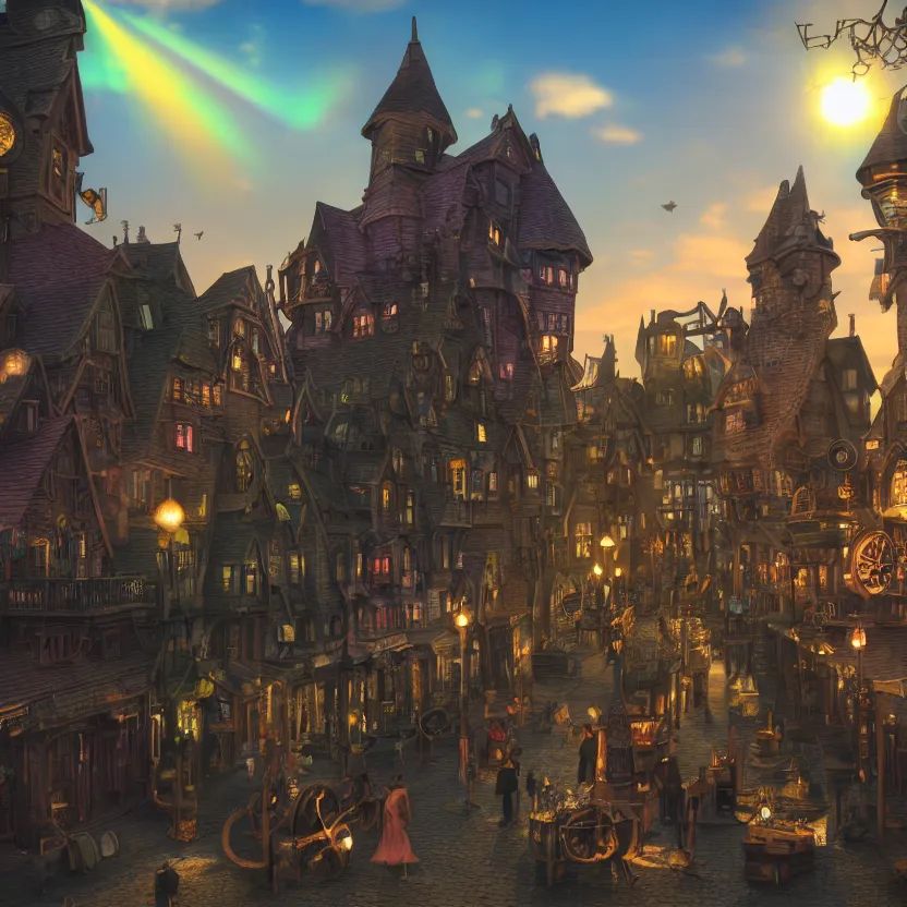 Image similar to photorealistic steampunk town. witchy village. sunset. witches flying on brooms. potion shop. pastel clouds. cauldron. lens flare. 8K. detailed. photorealism. artstation. 25mm f/1.7 ASPH Lens. ultra realistic