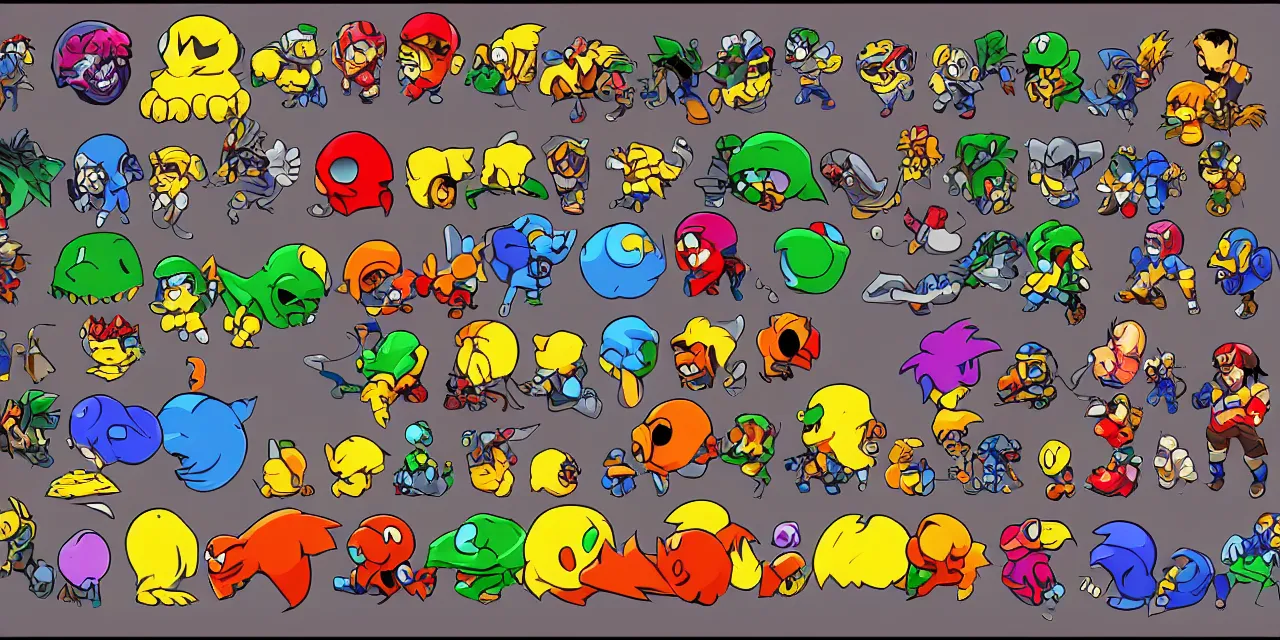 Prompt: game asset sheet, 2 d sprite, pacman meets street fighter 2 props items collectables