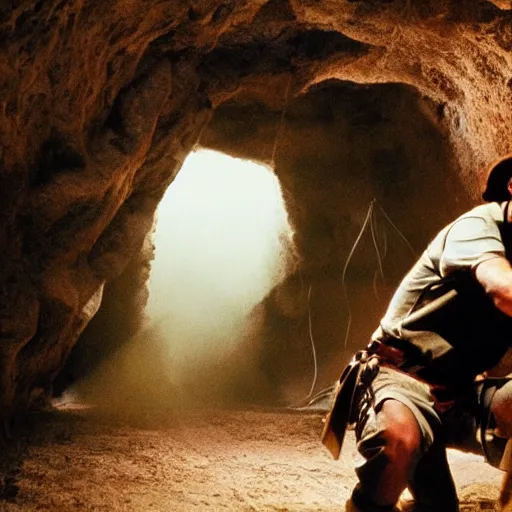 Prompt: indiana jones in a cave being chased by an builder