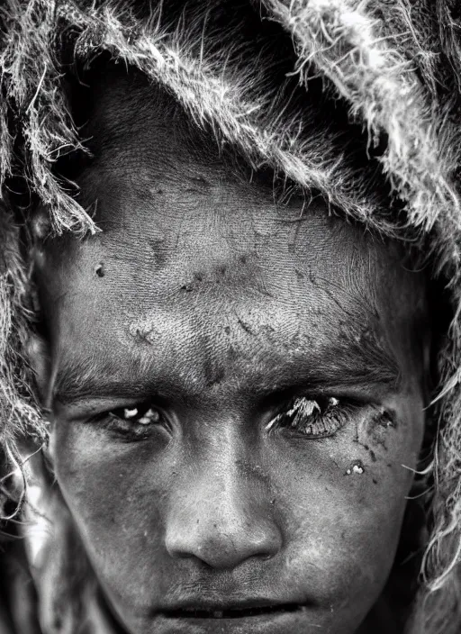 Image similar to Award winning Editorial photo of a Native Nauruans with incredible hair and beautiful hyper-detailed eyes wearing traditional garb by Lee Jeffries, 85mm ND 5, perfect lighting, gelatin silver process