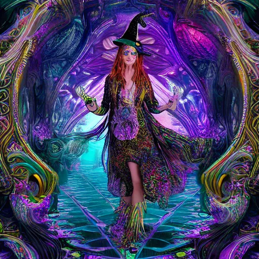 Image similar to psychadelic witch, hyper detailed, flowing psychadelic background intricate and detailed, ornate 8 k gorgeous intricate detailed, octane render