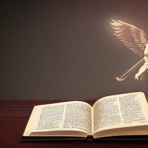 Image similar to a medium shot of a book sitting on a crowed desk, the book is closed, the cover is illustrated with a picture of icarus, beside the book is an ancient scroll, dark, single light, vignette, magic, fantasy, 4 k