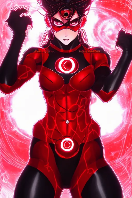 Image similar to anime key visual of a beautiful female red lantern!! intricate, red and black suit, glowing, powers, rage, anger, hate, dc comics, cinematic, stunning, highly detailed, digital painting, artstation, smooth, hard focus, illustration, art by artgerm and greg rutkowski and alphonse mucha