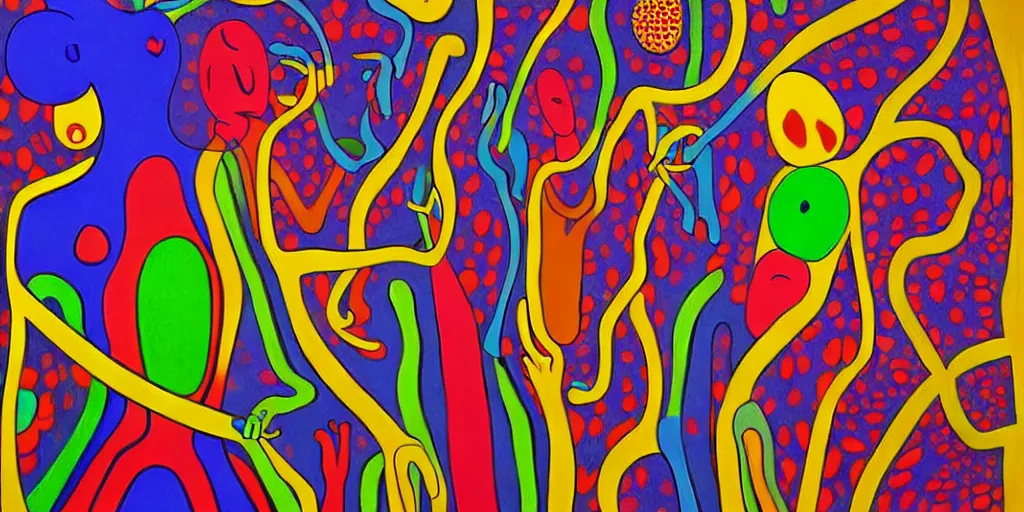 Image similar to a man being overcome by love, psychedelic dripping colors, detailed painting by painting by man ray and pablo amaringo david normal alex grey yayoi kusama