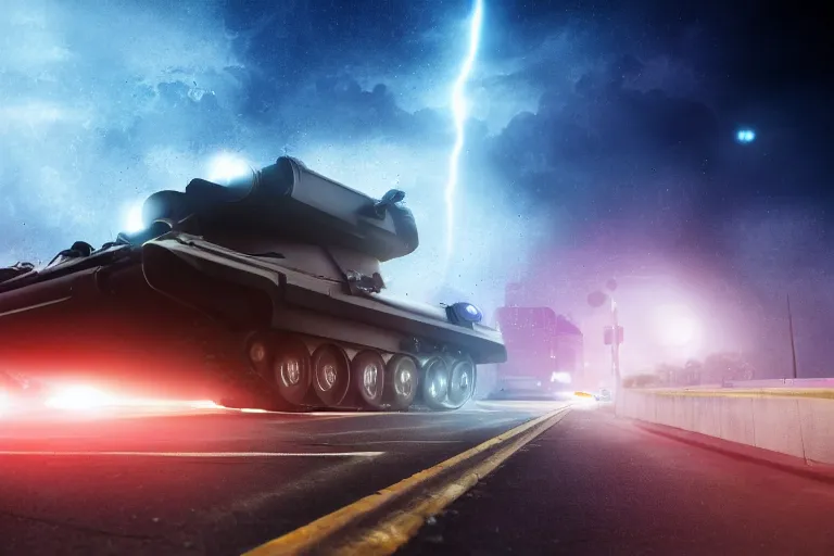 Prompt: large futuristic tank with with a cannon that fires black holes, futuristic city on fire, night, fog, thunder, rain, cinematic, volumetric lighting, f 8 aperture, cinematic eastman 5 3 8 4 film, photorealistic