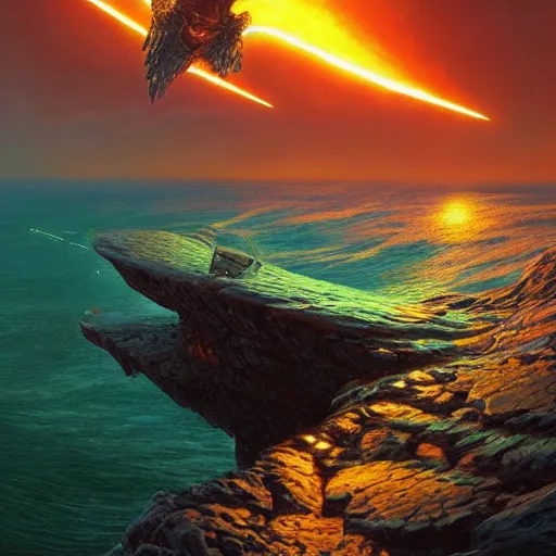 Prompt: illuminated tron wings in front of a lsd sunset, cliffside ocean scene, diffuse lighting, hyper realistic, elegant, intricate, hyper detailed, smooth, sharp focus, concept art, illustration, trending on artstation, art by artem demura, greg rutkowski, james gurney, and alphonse mucha