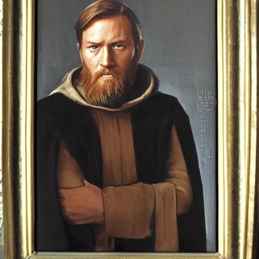 Image similar to a portrait painting of obi wan kenobi from star wars in a renaissance style hanging in the louvre