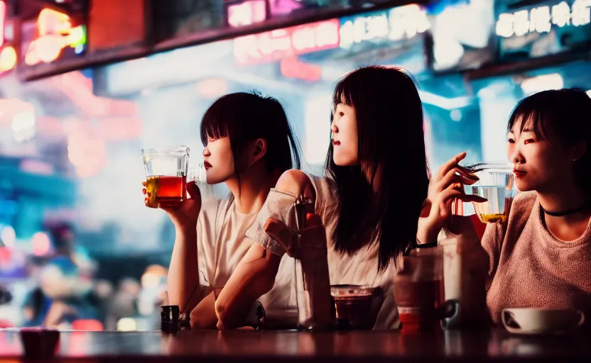 Image similar to cinestill 5 0 d photographic portrait of two android women sharing a drink at a cafe in cyberpunk china, extreme closeup, modern cyberpunk, dust storm, 8 k, hd, high resolution, 3 5 mm, f / 3 2, ultra realistic faces, intricate detail, ex machina