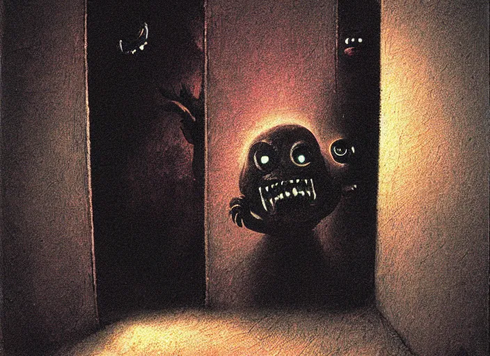 Prompt: weirdcore haunted polaroid of a creepy smiling inter - dimensional cryptid monster creature, inside childhood bedroom door designed by pixar, guillermo del toro, beksinski, greg rutkowski,