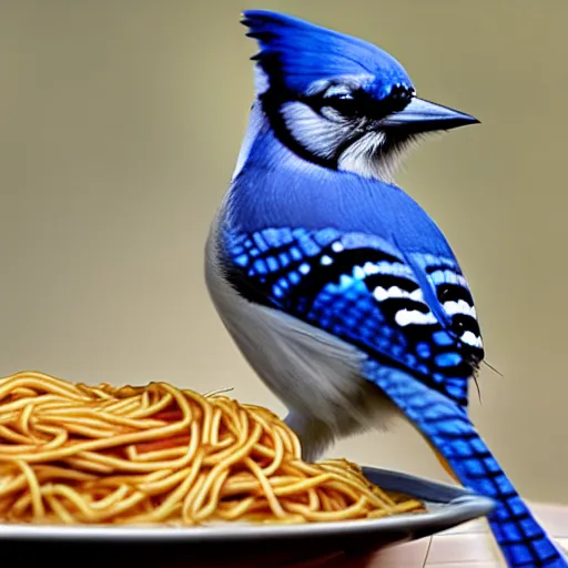 Image similar to bluejay staring at spaghetti