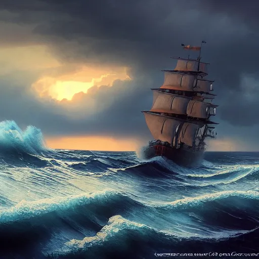 Image similar to a sunset and stormy sea with a giant pirate sailing-warship in style of Aivazovskiy, hypertealistic, high details, cinematic, 8k resolution, beautiful detailed, insanely intricate details, artstation trending, octane render, unreal engine,