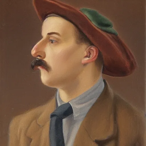 Image similar to portrait of a british young man in a flat cap, a small mustache, and a nice brown suit, oil painting