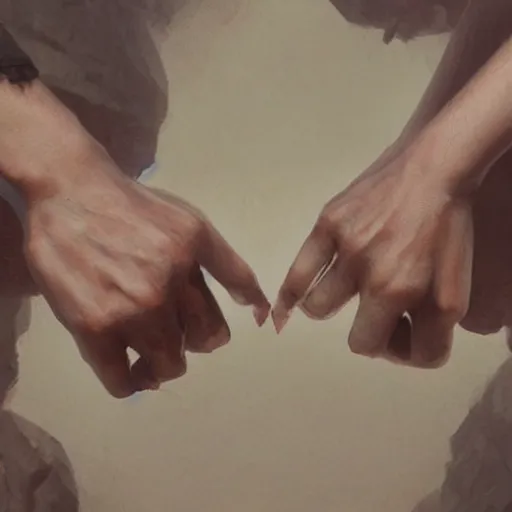 Prompt: Holding hands, vertical symmetry, close up shot, detailed hands, beautiful moody artwork by Greg Rutkowski and Asher Duran