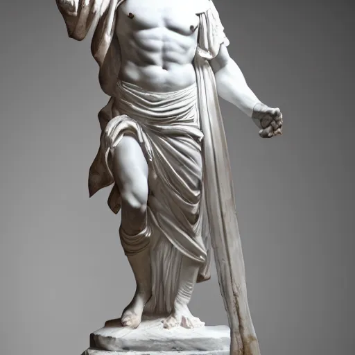 Prompt: a realistic greek white marble statue of adam sandler wearing a ghostly toga brandishing a short sword, displayed in a museum art gallery, moody, dramatic lighting, dark, photorealistic, cinematic scene, super detailed, hyper realistic, bright lights, 8 k