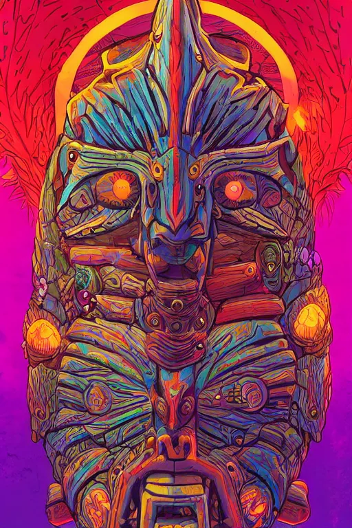 Image similar to totem animal tribal chaman vodoo mask feather gemstone plant wood rock video game illustration vivid color borderlands by josan gonzales and dan mumford radiating a glowing aura