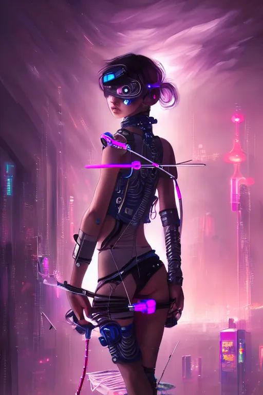 Prompt: portrait futuristic adorable cyberpunk young female Archer, in futuristic stormy thunder light tokyo rooftop cyberpunk night, ssci-fi, fantasy, intricate, very very beautiful, elegant, neon light, highly detailed, digital painting, artstation, concept art, soft light, hdri, smooth, sharp focus, illustration, art by tian zi and craig mullins and WLOP and alphonse mucha