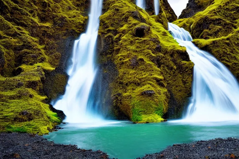 Prompt: photo of a landscape with mountains with waterfalls and snow on top, wallpaper, very very wide shot, blue glacier, iceland, new zeeland, green flush moss, professional landscape photography, sunny, day time, beautiful