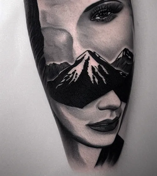 Image similar to tattoo design sketch of a beautiful girl with a faded mountain background, in the style of den yakovlev, black and white, realism tattoo, hyper realistic, highly detailed