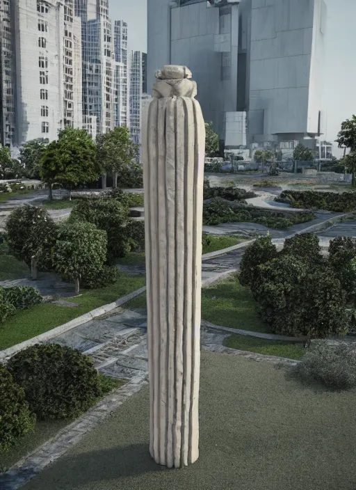 Prompt: highly detailed realistic architecture 3 d render of a futurisctic stele made from piles of coins standing in a city park, archdaily, made in unreal engine 4 octane render