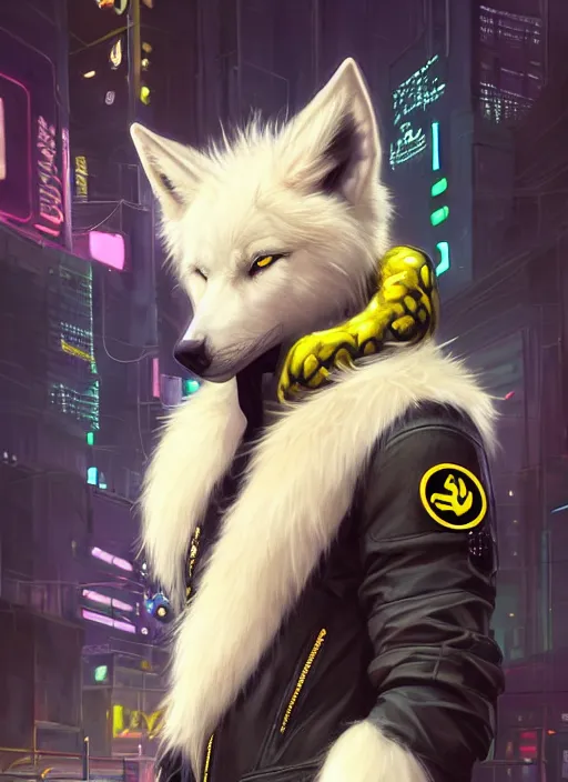 Image similar to award winning beautiful portrait commission of a male furry anthro albino wolf fursona with a tail and a cute beautiful attractive detailed furry face wearing stylish black and yellow cyberpunk biker clothes in a cyberpunk city at night while it rains. Character design by charlie bowater, ross tran, artgerm, and makoto shinkai, detailed, inked, western comic book art