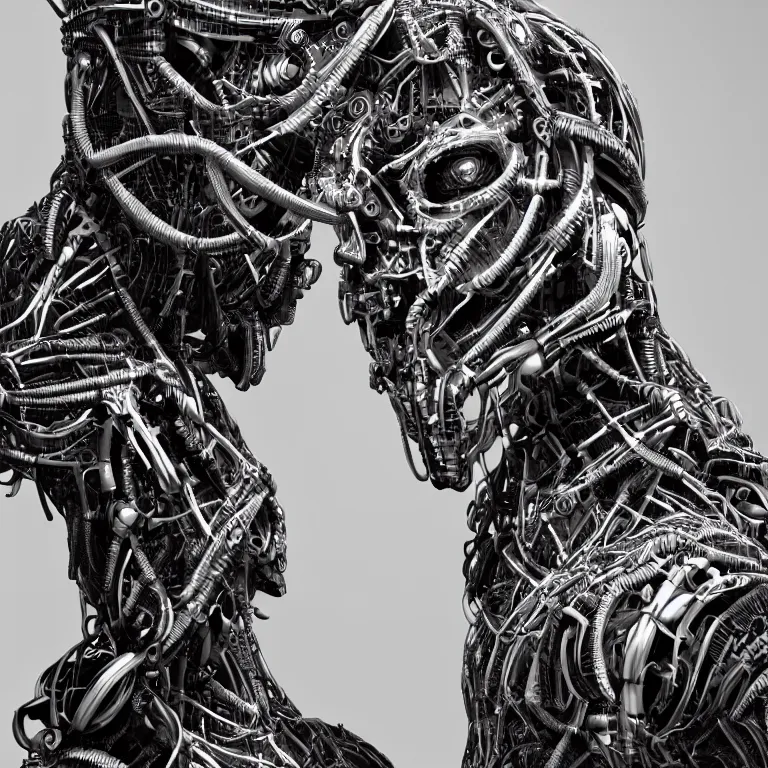 Image similar to surreal biomechanical spinal ribbed tribal exotic organic face portrait of mechanical cyborg, beautiful detailed intricate insanely detailed BW 3D render digital art, octane render, 8K artistic photography, photorealistic