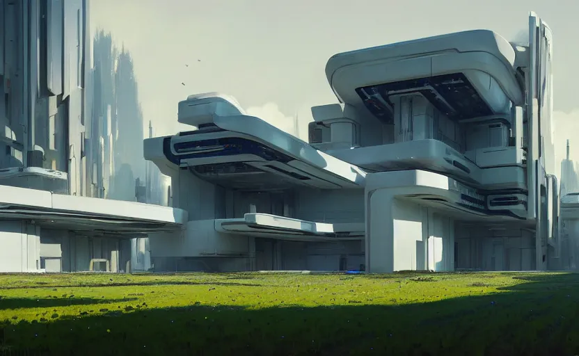 Prompt: painting of a wide angle exterior shot of a white modern futuristic cyberpunk architecture in the middle of an english garden with cinematic lighting by peter zumthor and renzo piano, darek zabrocki and greg ruthkowski, alphonse mucha, simon stalenhag and cinematic and blue cold atmospheric, archillect concept art, artstation, trending on artstation