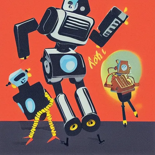 Image similar to a short robot falling apart at the joints, pulp fiction childrens book illustration