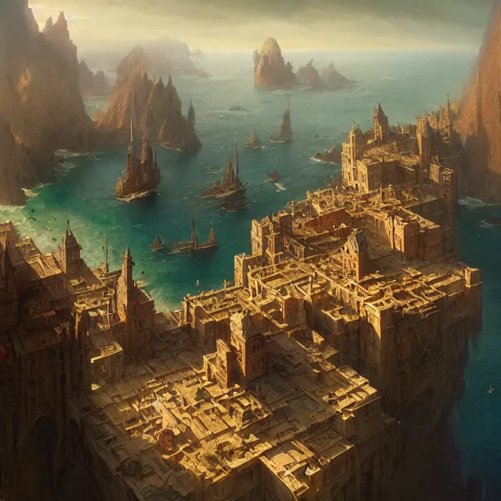 Prompt: matte painting by marc simonetti, jonathan solter, greg rutkowski of an island, masterpiece, cinematic, hyperdetailed, photorealistic, hyperrealism, architecture, aerial view,