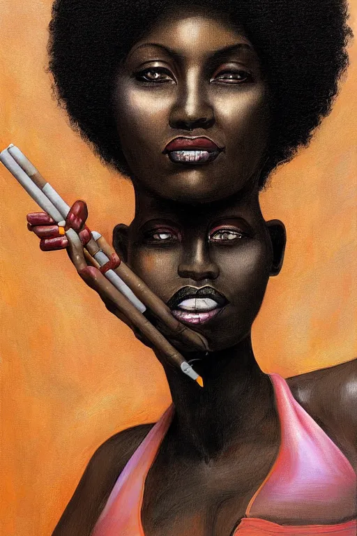 Image similar to A beautiful tall black woman with dark skin and a pink afro, looking at you from across the bar, holding a lit cigarette, digital art, oil painting, clean lines, drawn by H.R Giger