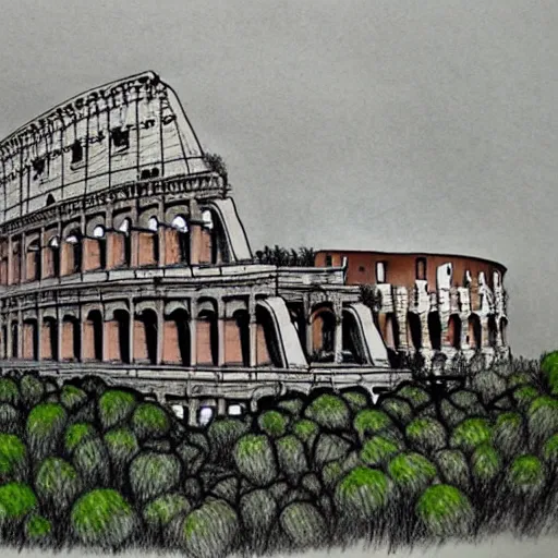 Prompt: a drawing by Ashley Wood of the colosseum of Rome invaded by vegetation, even the surrounding areas of the city are invaded by trees and vegetation, everything seems abandoned, post apocalictic.