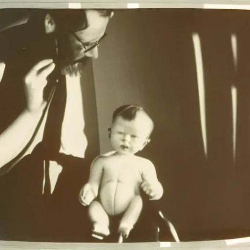 Image similar to laszlo moholy - nagy painting of beard grandpa taking a photo to a baby girl