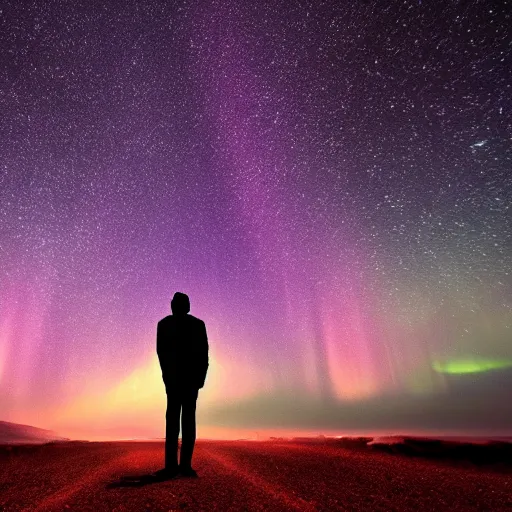 Image similar to 4K Epic Ultra HD detailed award-winning wallpaper silhouette of lonely man holding a bright flashlight looking at huge vast sky universe Milky Way aurora