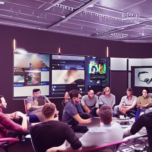 Image similar to group of european youtubers discussing how to become the biggest on the platform, octane render