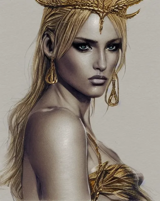 Image similar to tattoo sketch of hot blonde super model as aphrodite greek goddess wearing a gold laurel wreath and triangle earrings, beautiful piercing gaze with sharp pupils, in the style of greg rutkowski, fantasy, amazing detail, epic, elegant, smooth, sharp focus, front view