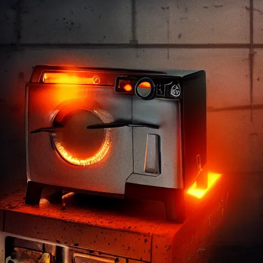 Image similar to toaster oven mecha head, dark messy smoke - filled cluttered workshop, dark, dramatic lighting, orange tint, sparks, cinematic, highly detailed, sci - fi, futuristic, movie still