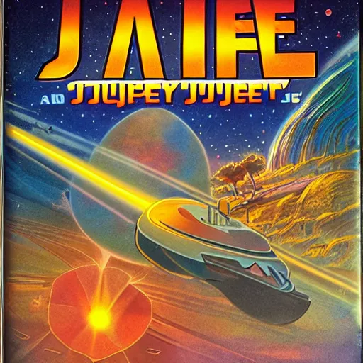 Prompt: video game box art of a commodore 6 4 game called journey to jupiter, 4 k, highly detailed cover art.