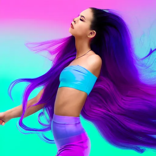 Image similar to a award winning full body shot of a beautiful woman in a croptop with a ombre purple pink teal hairstyle with head in motion and hair flying, outrun, vaporware, vivid colors, highly detailed, fine detail, intricate