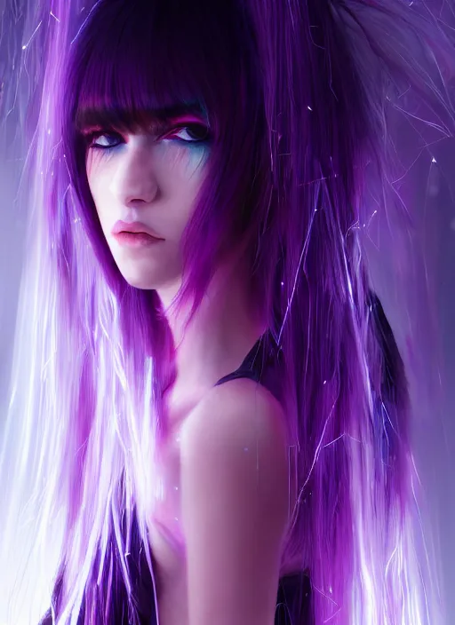 Image similar to hair whitebangs hair, black cyberlox, portrait of normal teenage girl with white bangs, messy bangs, cyberlox, whitebangs, red irises, purple clothes, intricate, elegant, glowing lights, highly detailed, digital painting, artstation, concept art, sharp focus, smooth, illustration, art by wlop, mars ravelo and greg rutkowski